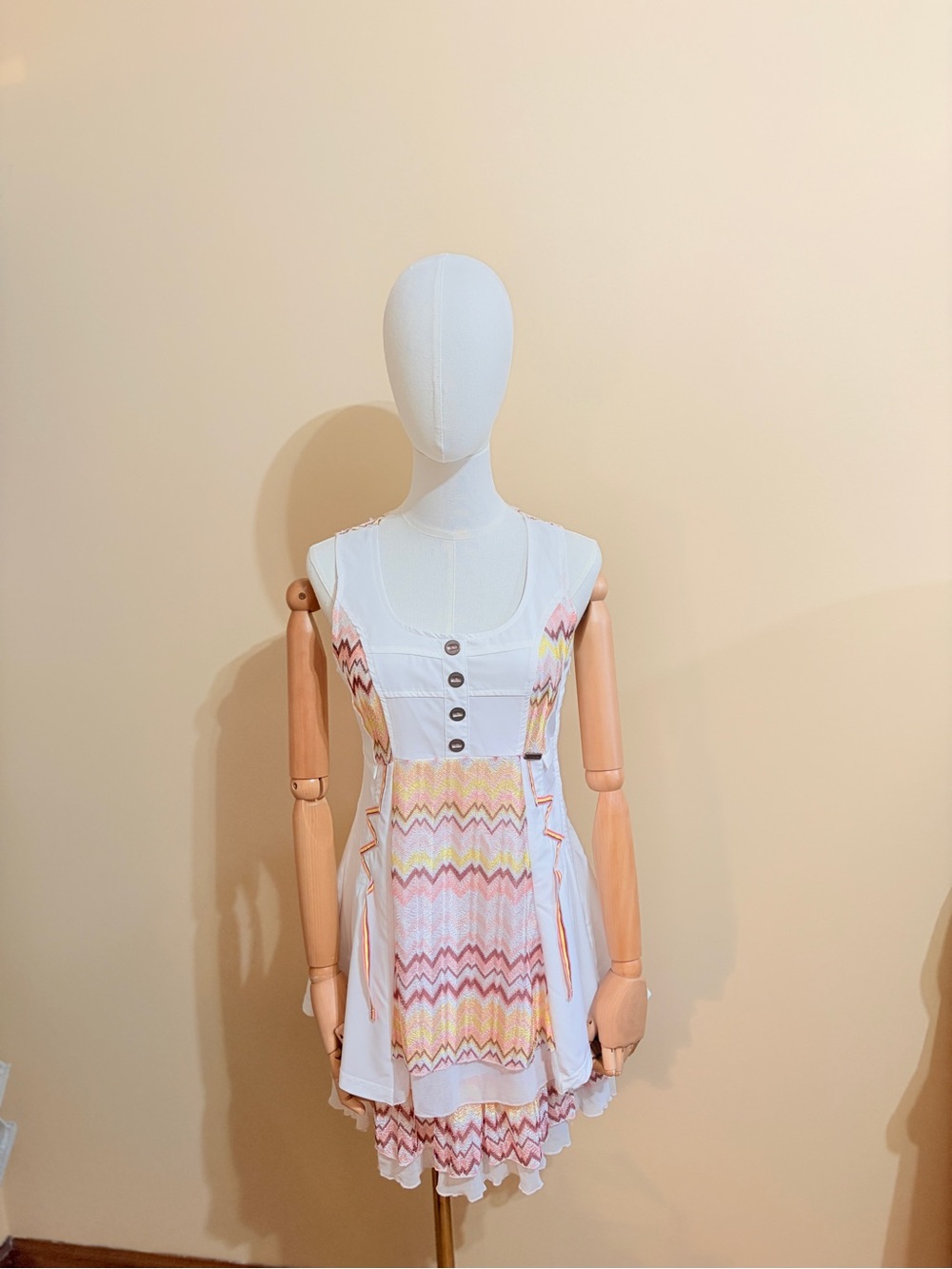 C'Fait Pour Vous Paris Boho Chevron Zigzag Tiered Layered Mesh Summer Mini Dress